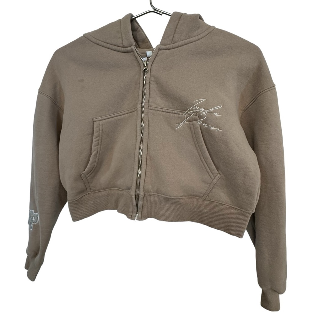 High End Tan Taupe Inaka Power Cropped Thick Full Zip Hoodie Women’s S
